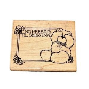 Vintage 90's D.O.T.S. Wood Mounted Rubber Stamp N106 No‎ Peeking Bear Christmas